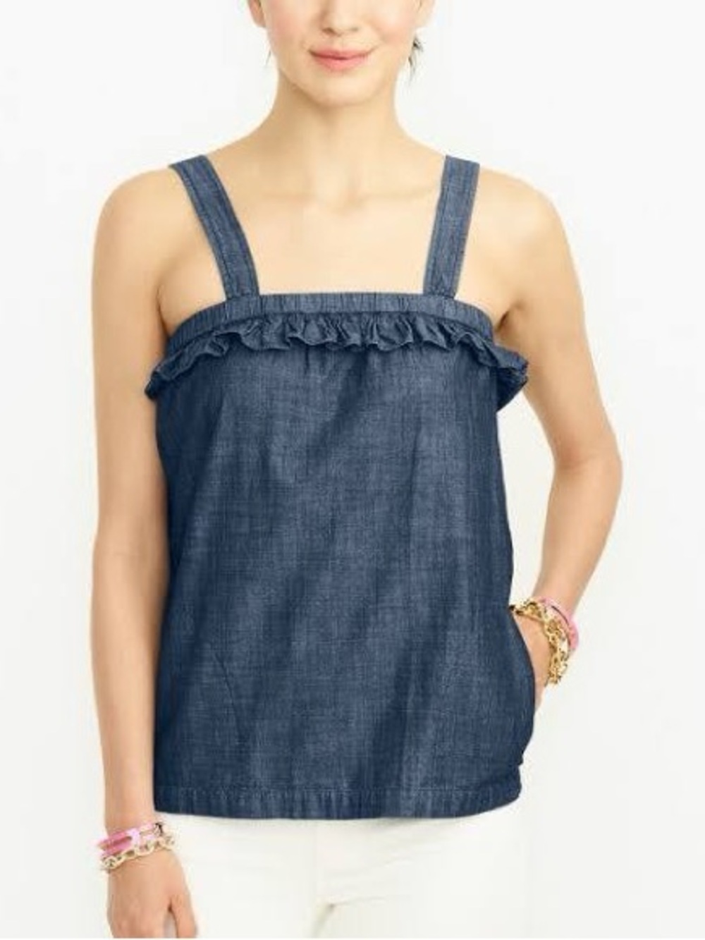 J. Crew Chambray Ruffle-Trim Cami in Denim Blue